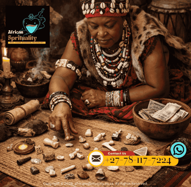 A traditional healer performing an ula (bone) reading focused on career alignment and financial succ