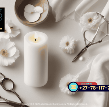 A glowing white candle surrounded by spiritual ritual items including scissors and flowers.