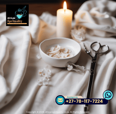 A white ritual bowl with petals next to a lit candle and scissors for spiritual ceremonies.
