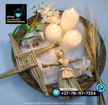 Imbolc altar display with white candles, a straw Brigid's cross, and corn doll on white salt.