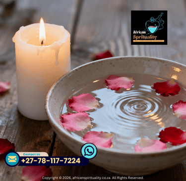 Spiritual cleansing bowl with pink rose petals in water next to a burning white candle.