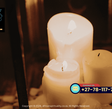 Three white glowing candles lit for an African spirituality ritual and healing ceremony.