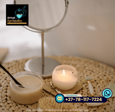 Lit white candle, spiritual body scrub, and jade roller on a woven mat for holistic wellness.