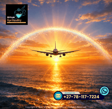 An airplane flies through a vibrant golden sunset over a calm ocean, with a rainbow arching over it, symbolizing travel and