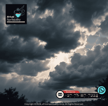 Dramatic dark storm clouds with sun rays for African Spirituality ritual services.