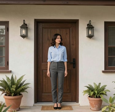 A professional female real estate agent standing in front of a modern house entrance with a wooden door.