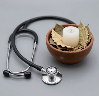 A black medical stethoscope next to a ceramic bowl with dried bay leaves and a white candle.