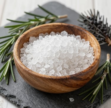 Coarse white sea salt in a small wooden bowl with fresh rosemary sprigs on a black slate tray.