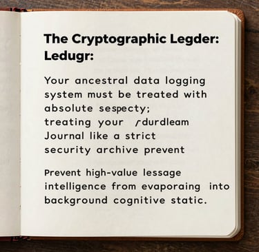An open notebook on a wooden table displaying text about the Cryptographic Ledger and data logging systems.