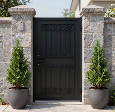 Elegant black wrought iron pedestrian gate set between stone pillars with potted evergreen trees.