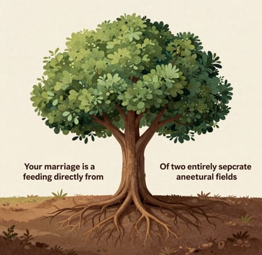 Illustration of a leafy green tree with deep roots and text about marriage and nature.