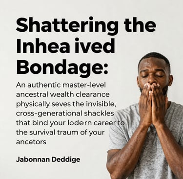 A reflective man prays beside text about ancestral wealth clearance and breaking generational bondage.