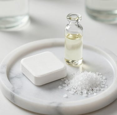 A white square shower steamer, essential oil vial, and bath salts on a marble tray for aromatherapy.