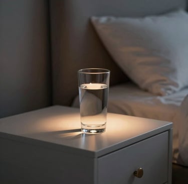 A clear glass of water sitting on a white bedside nightstand in a dimly lit bedroom.