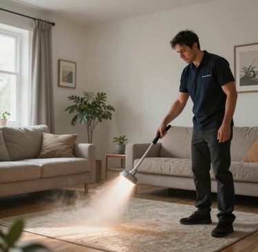 Professional cleaner using a steam wand to deep clean an area rug in a living room.