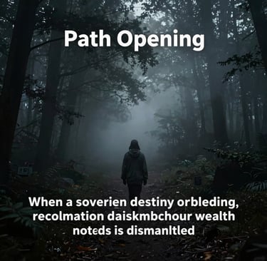 A mysterious person walking through a dark, foggy forest path at dawn with the text Path Opening.