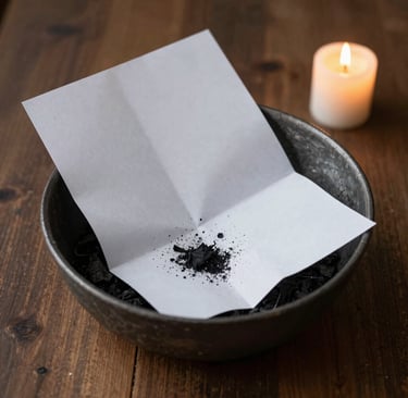 Black ritual ashes on a white paper over a bowl with a lit candle on a wooden table.
