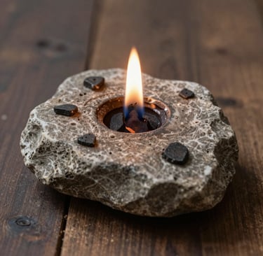 A decorative rustic stone oil lamp with a glowing flame on a dark wood table.
