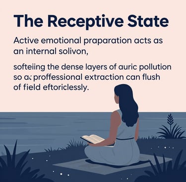 Illustration of a woman in a receptive state reading by the sea with text about emotional preparation.