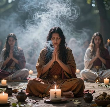 Women practicing mindfulness meditation in a spiritual ceremony with incense smoke and candles.
