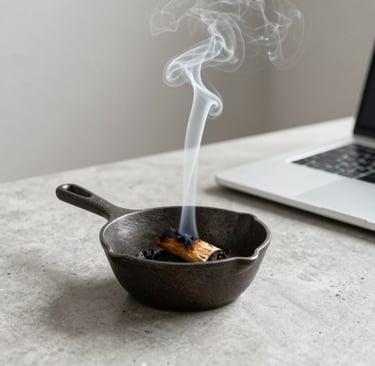 Burning palo santo stick in a mini cast iron skillet on a desk with a laptop for office aromatherapy.