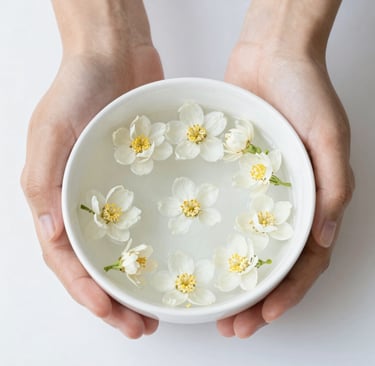 Hands holding a ceramic bowl of water with floating jasmine flowers for spa aromatherapy.