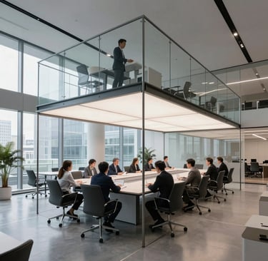 Professional business team having a corporate meeting in a modern glass office with a mezzanine floor.