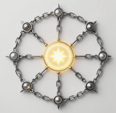 A silver metallic chain wheel with a glowing golden star center on a white background.