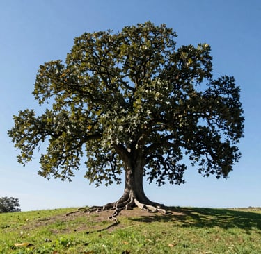 A large Moreton Bay Fig tree with sprawling roots on a grassy hill under a clear blue sky.