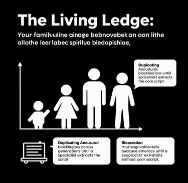 Infographic showing family growth icons on a chart with text about generational duplication and core scripts.