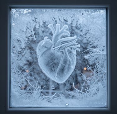 A realistic anatomical heart formed from ice crystals and frost on a window pane in winter.