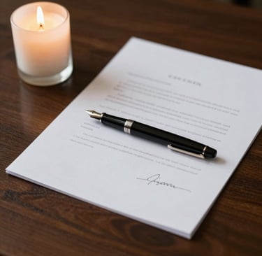 A luxury black fountain pen resting on a signed document next to a lit candle on a wooden desk.
