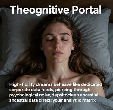 A woman sleeping in bed with 'Theognitive Portal' text overlay and a quote about high-fidelity dreams.