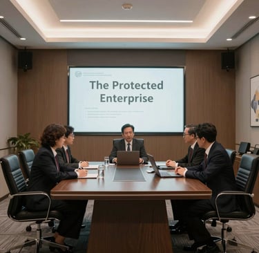 Business executives in a boardroom meeting discussing enterprise security strategy and corporate protection.