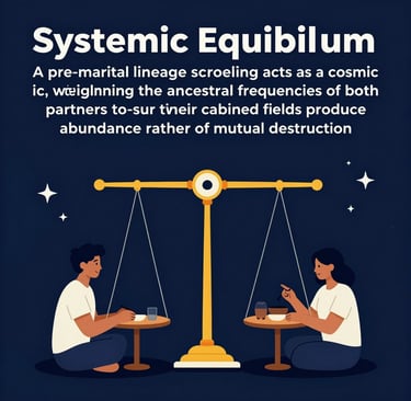Illustration of a man and woman sitting at scales representing systemic equilibrium and relationship balance.