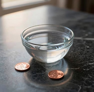 Clear glass bowl of water on a dark marble surface with copper coins.