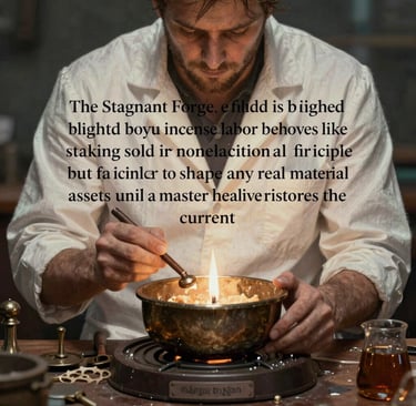 A male alchemist in a white lab coat uses tools to heat gold material in a brass bowl over a flame.