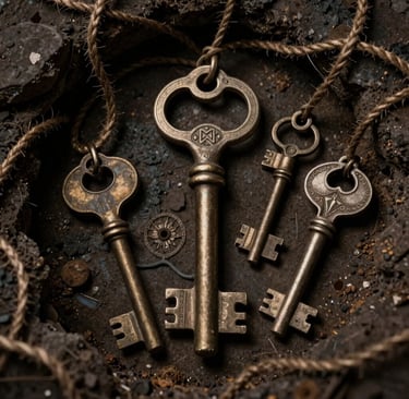 Set of vintage brass skeleton keys on rustic twine over dark earth with intricate metal details.