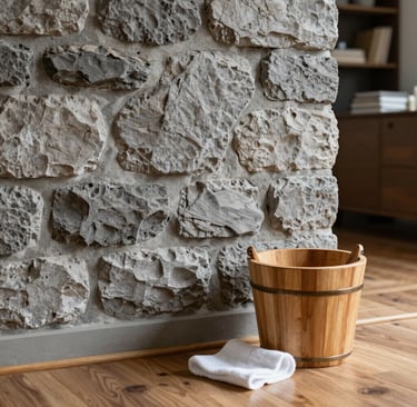 Rustic indoor sauna setting featuring a natural stone wall, wooden bucket, and white towel on cedar flooring.