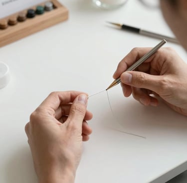 A person using a precision metal pen tool to handle a fine white wire on a clean white desk workspace.