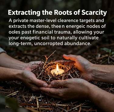 Hands holding a candle in a nest of thorns with text about extracting roots of scarcity and financial trauma.