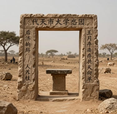 A rectangular stone monument with Chinese calligraphy inscriptions standing in a dry desert landscape.
