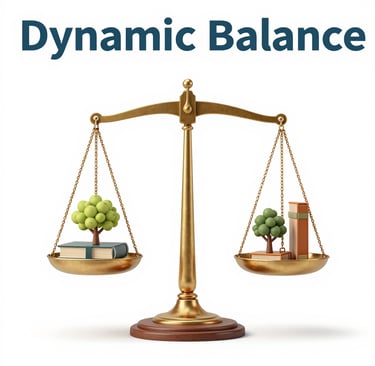 Golden scales of justice balancing books and miniature trees under the text Dynamic Balance.