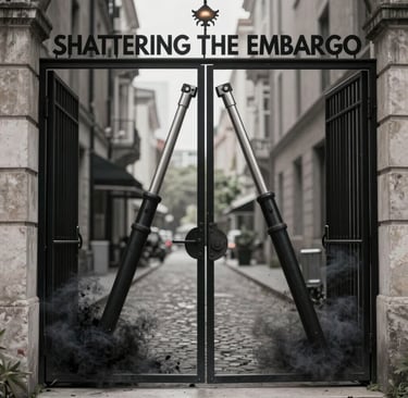 Shattering the Embargo text above an open iron gate with smoke on a European cobblestone street.