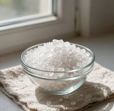 A small glass bowl filled with coarse white sea salt crystals sitting on a linen cloth by a window.