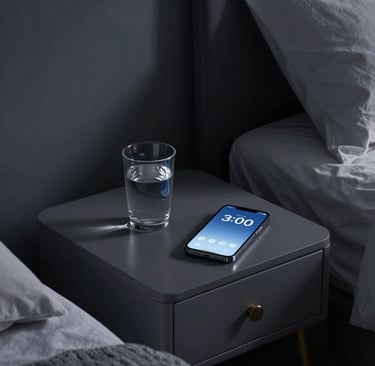 A smartphone and a glass of water on a modern grey nightstand next to a bed.