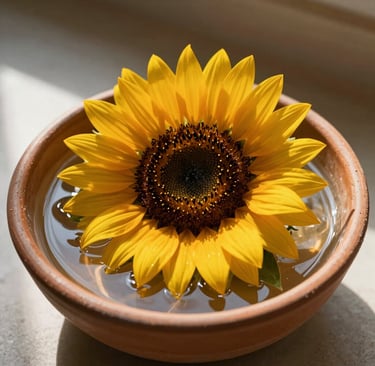 A bright yellow sunflower head floating in a terracotta bowl filled with water.