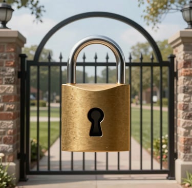 A large gold brass padlock floating in front of a locked black metal gate for property security.
