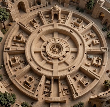 Aerial view of a circular stone ancient temple complex with intricate sandstone architecture and geometric courtyards.