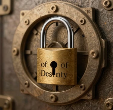 A vintage brass padlock with 'of Destiny' text secured to a decorative metal vault door.